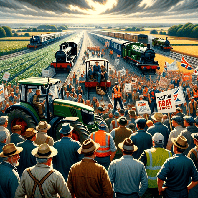 DALL·E 2024-01-14 17.29.23 - A dynamic scene depicting a public strike involving farmers and train drivers. The foreground shows farmers with their tractors, some holding protest 