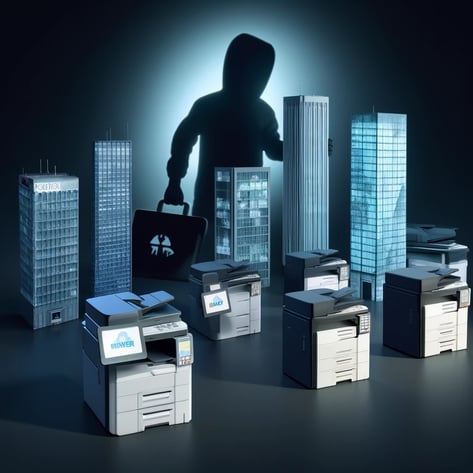 DALL·E 2024-04-22 17.03.32 - A conceptual illustration showing that 6 out of 10 companies have been victims of hacker attacks targeting their printers. The image features six offi