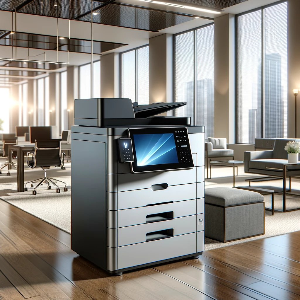 DALL·E 2024-04-22 18.40.38 - A modern, secure printer in a corporate office setting. The printer is sleek and futuristic, with advanced security features visible, like a keypad an