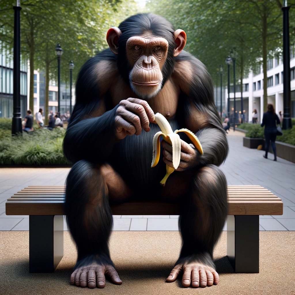 DALL·E 2024-05-03 21.44.37 - A realistic portrayal of a chimpanzee thoughtfully peeling a banana, seated on a simple bench in an urban park setting. The chimpanzee appears calm an