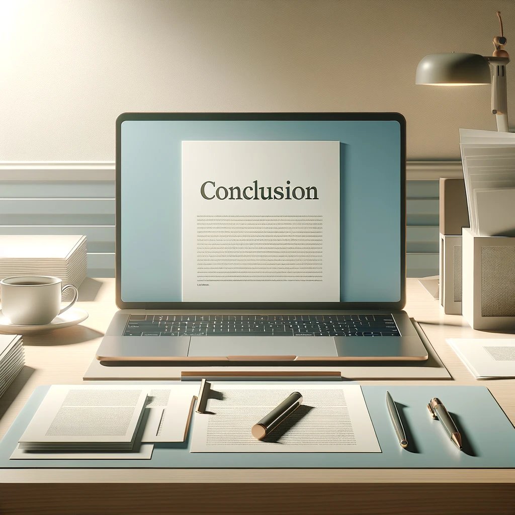 DALL·E 2024-05-19 14.18.44 - A professional image representing the concept of conclusion. The scene includes a clean, modern desk with a laptop displaying a document titled Con