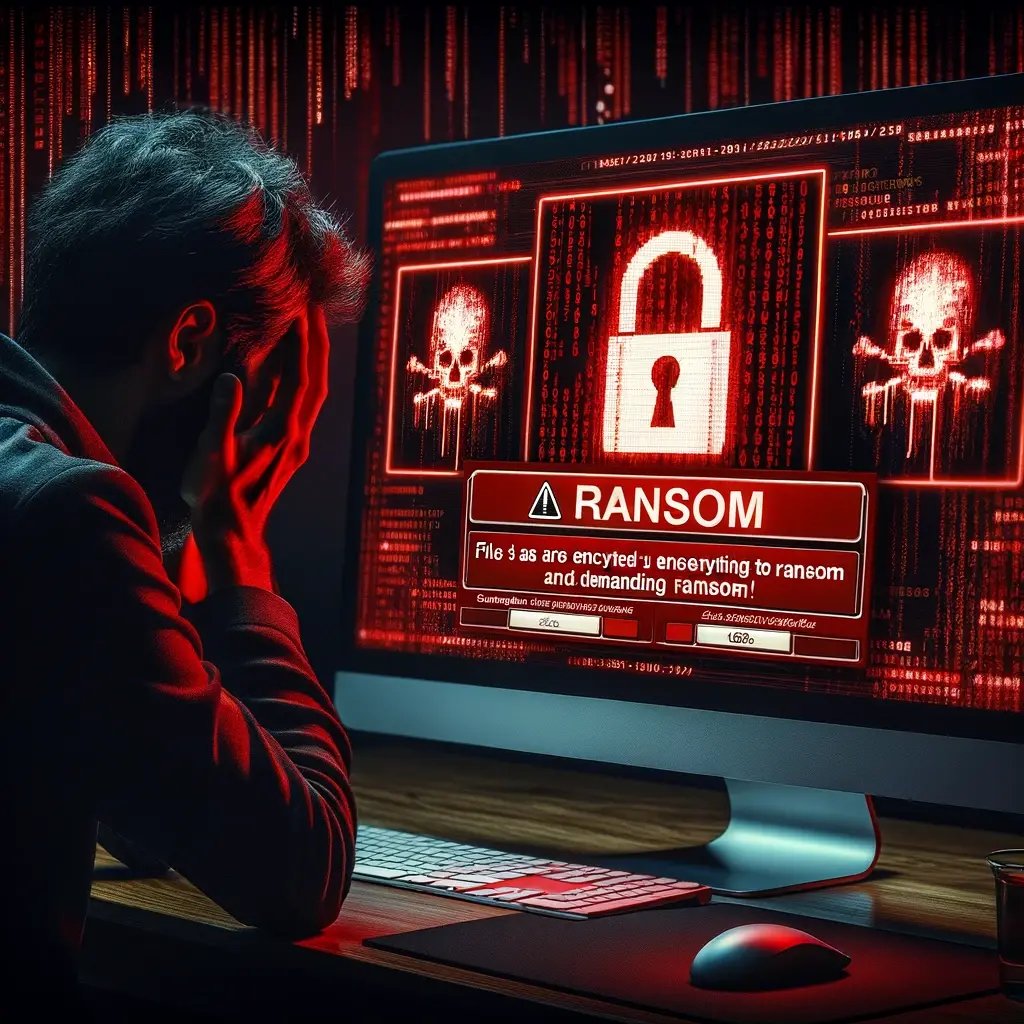 DALL·E 2024-05-26 16.09.18 - An image representing a ransomware attack. The scene includes a computer screen with a red warning message indicating that files are encrypted and dem