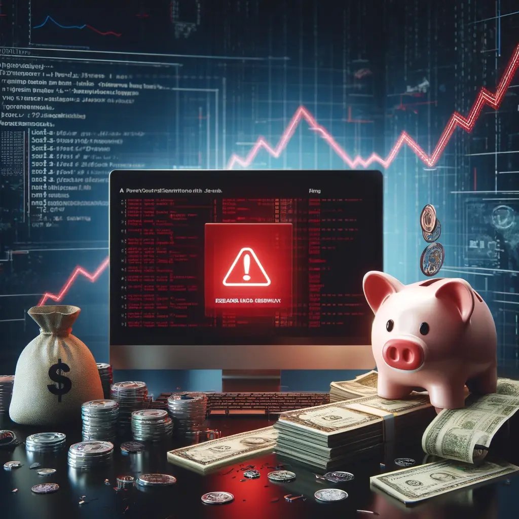 DALL·E 2024-05-26 21.30.37 - An image representing the costs of cyberattacks. The scene includes a computer with a red alert message, stacks of money, and a broken piggy bank, sym