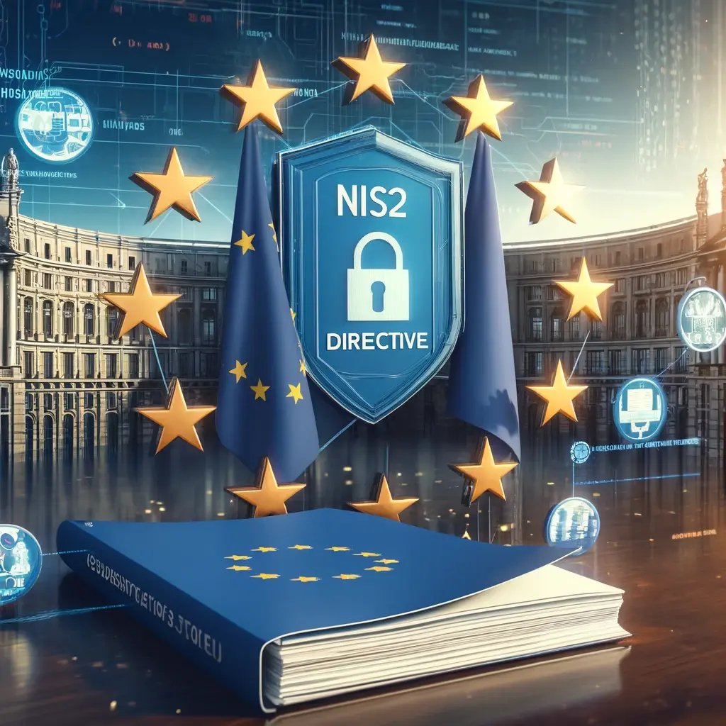 DALL·E 2024-05-27 11.19.11 - An image representing the introduction of the new EU directive NIS2. The scene includes a European Union flag and a document titled NIS2 Directive p