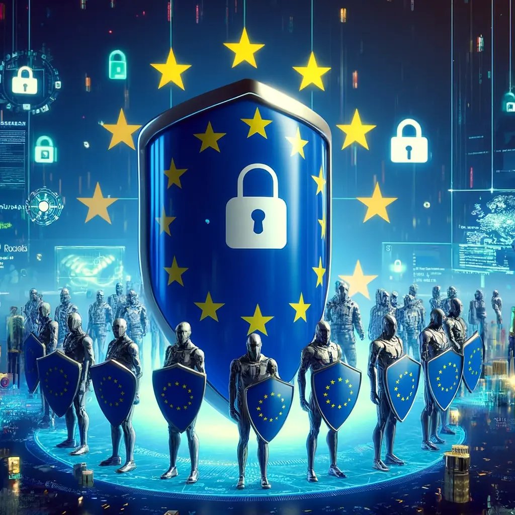 DALL·E 2024-05-27 13.35.08 - An image depicting the European Union collectively protecting against cyberattacks. The scene includes a large EU flag as a backdrop, with multiple fi