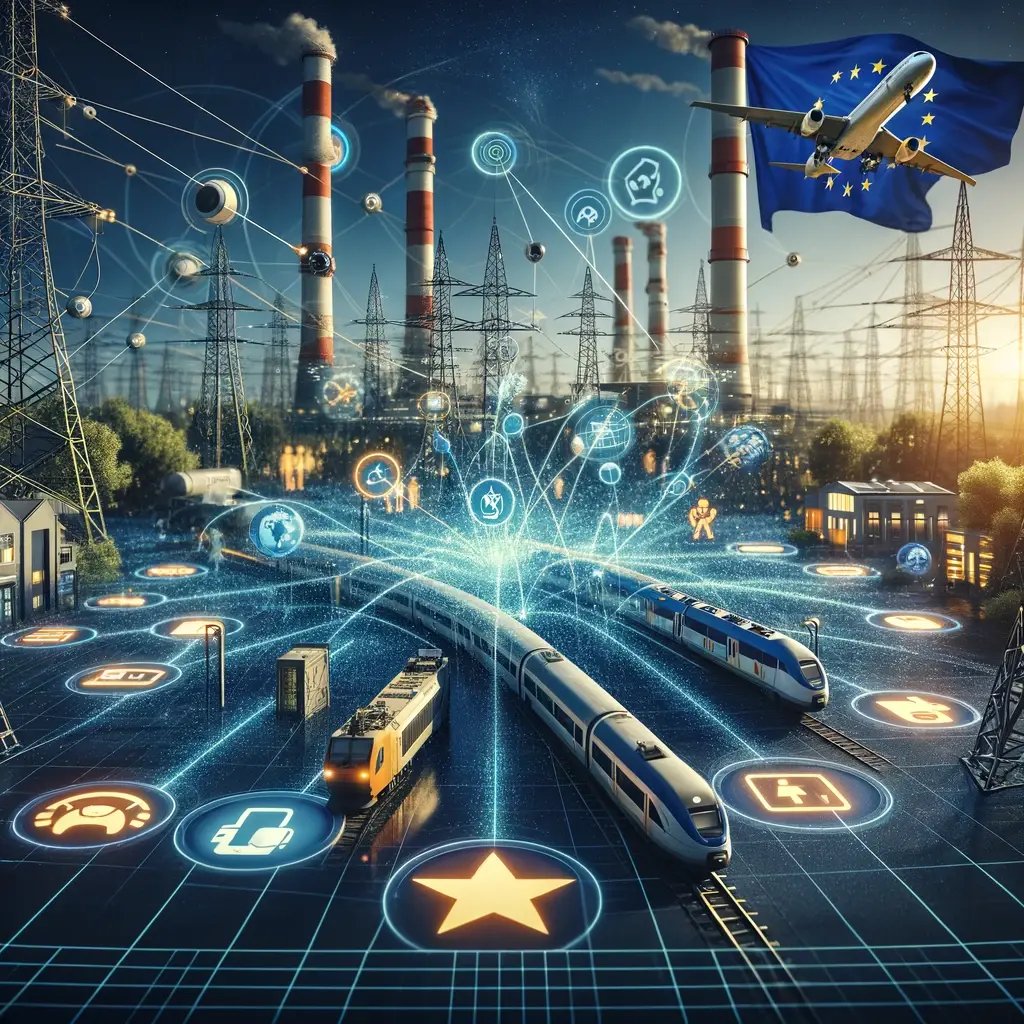 DALL·E 2024-05-27 13.37.40 - An image symbolizing critical infrastructures that are covered and strengthened by the new NIS2 directive. The scene includes icons representing vario