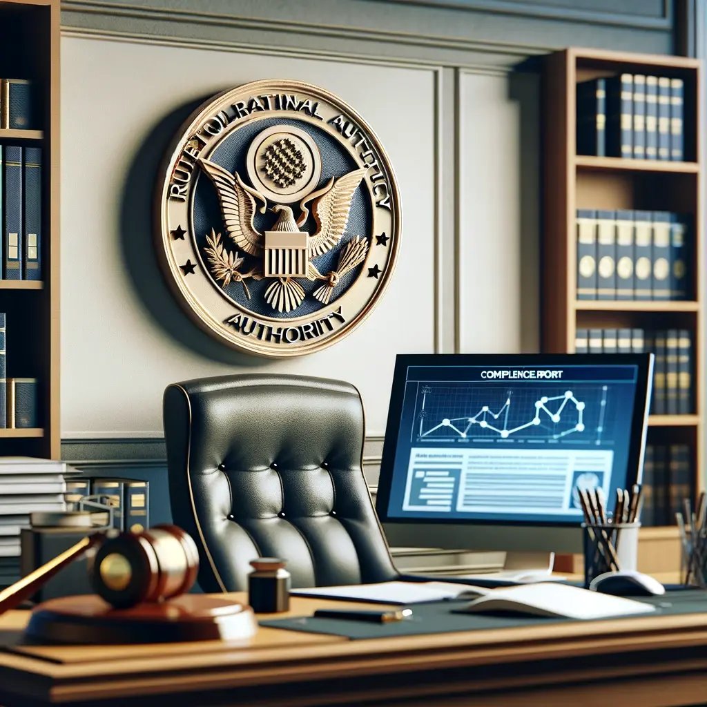 DALL·E 2024-05-27 14.42.29 - A photorealistic image representing a regulatory authority. The scene includes a formal office setting with a government emblem or logo prominently di