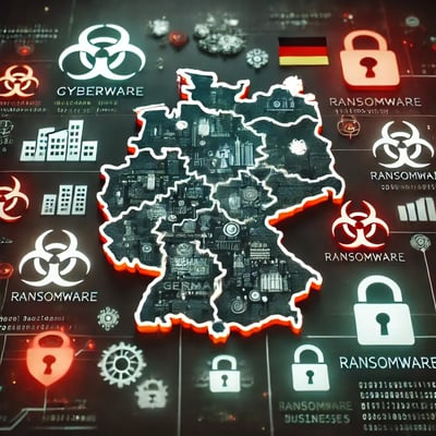 DALL·E 2024-11-13 11.47.40 - A depiction of cybercrime threats in Germany, illustrating digital malware symbols, ransomware icons, and a warning screen over a German map outline.