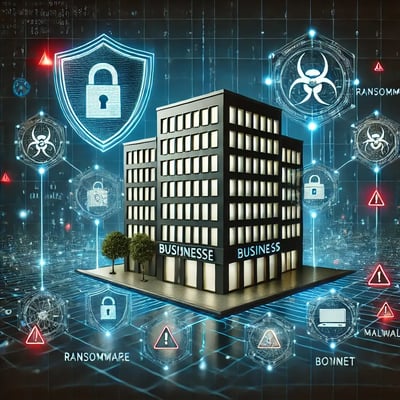 DALL·E 2024-11-13 11.47.43 - An image showing cybersecurity threats faced by small and medium businesses in Germany. A modern representation of a business building with a digital 